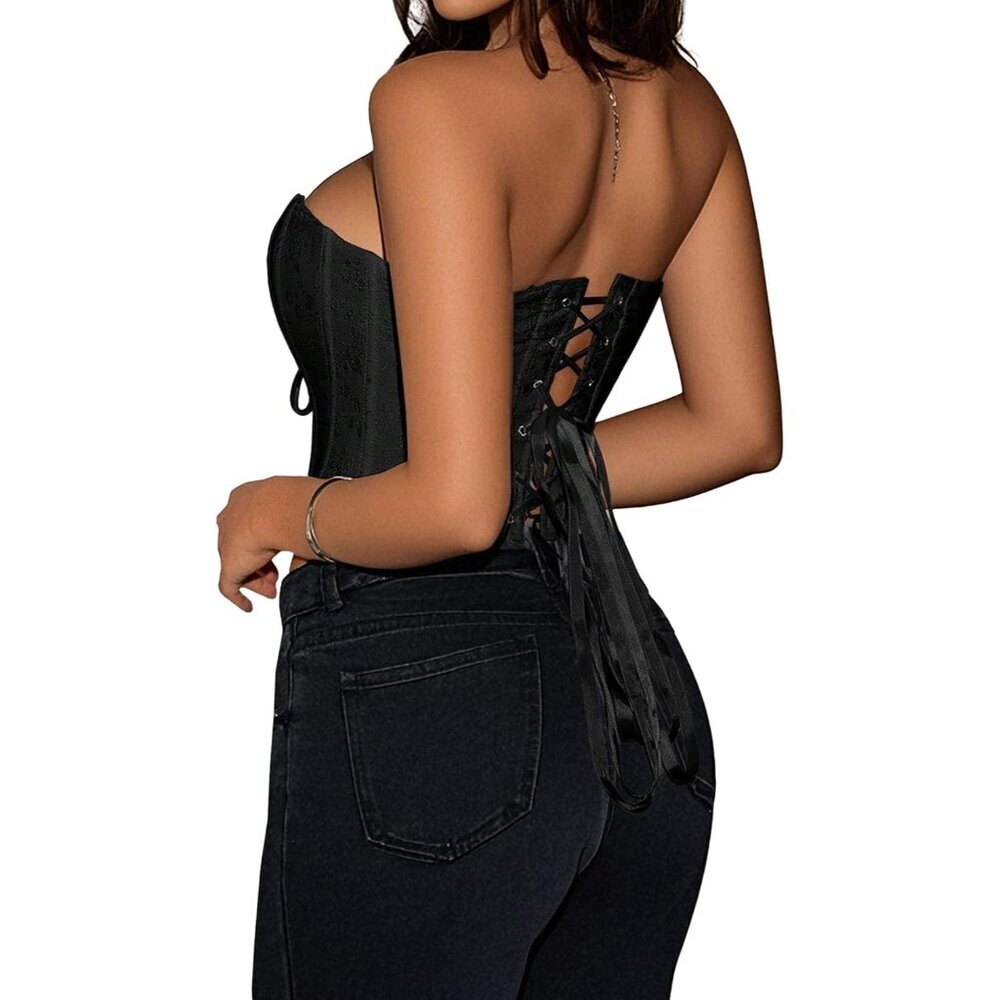 Women Lace Up Corset Top Overbust Strapless Crop Halloween Party Fashion - Picture 3 of 7